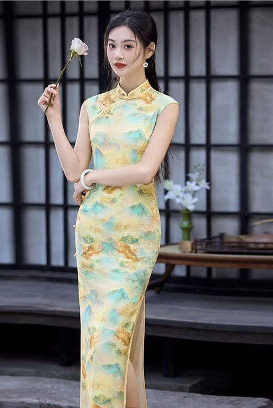 Beth and Brian Qipao-JQZ Sleeveless, Landscape Print Long Qipao Dress