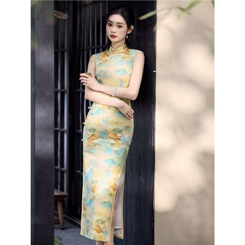 Beth and Brian Qipao-JQZ Sleeveless, Landscape Print Long Qipao Dress
