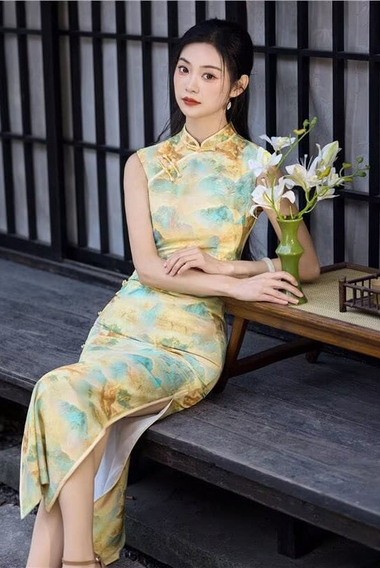 Beth and Brian Qipao-JQZ Sleeveless, Landscape Print Long Qipao Dress