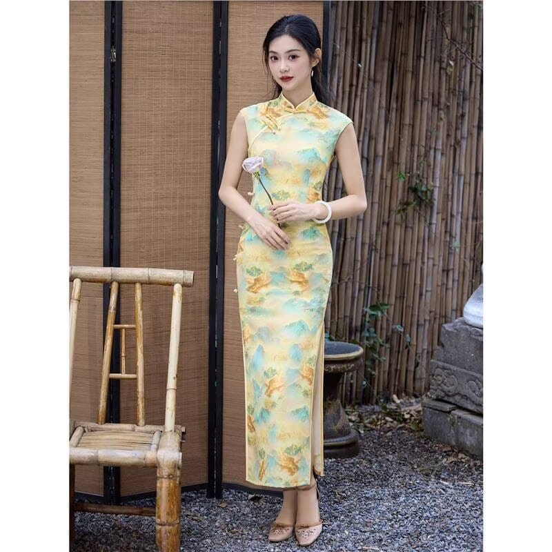 Beth and Brian Qipao-JQZ Sleeveless, Landscape Print Long Qipao Dress
