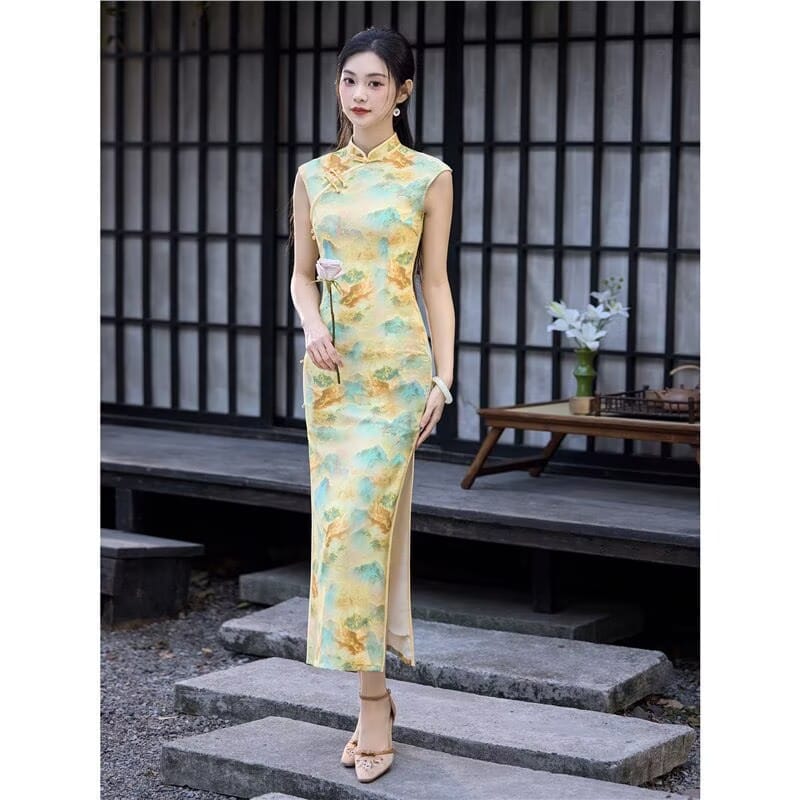 Beth and Brian Qipao-JQZ Sleeveless, Landscape Print Long Qipao Dress