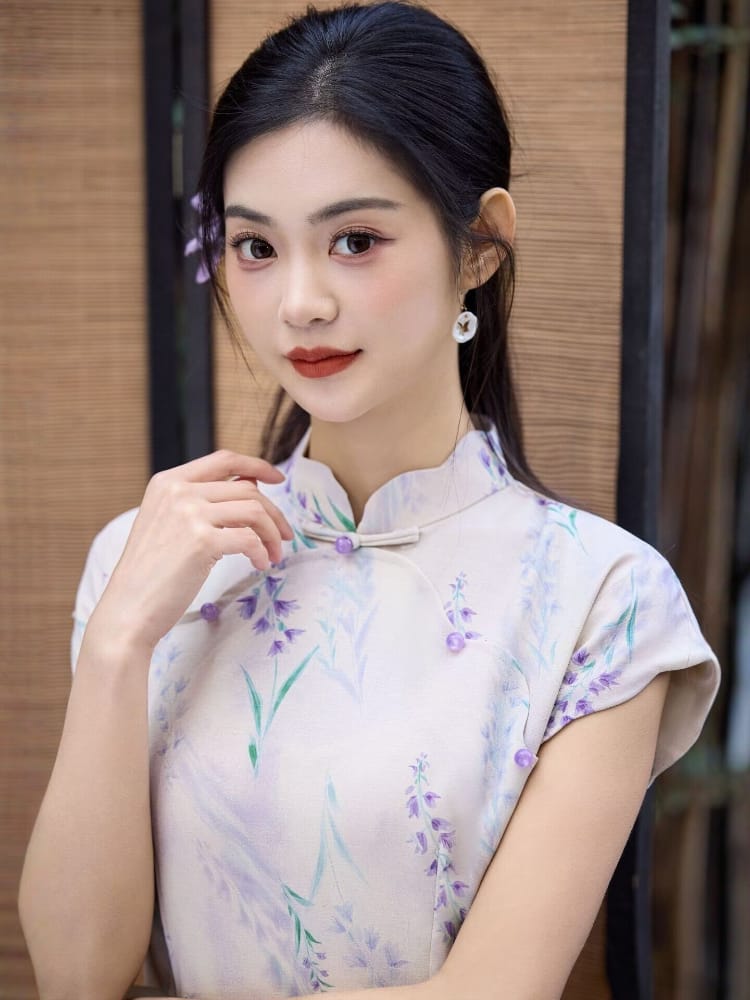 Beth and Brian Qipao-JQZ Lavender Floral Nettle‑Weave Long Cheongsam