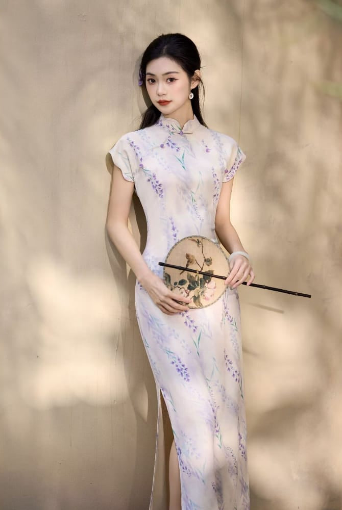 Beth and Brian Qipao-JQZ Lavender Floral Nettle‑Weave Long Cheongsam