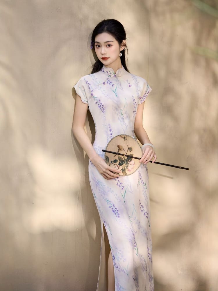Beth and Brian Qipao-JQZ Lavender Floral Nettle‑Weave Long Cheongsam