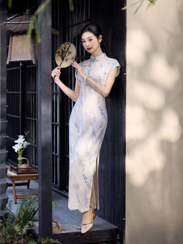 Beth and Brian Qipao-JQZ Lavender Floral Nettle‑Weave Long Cheongsam