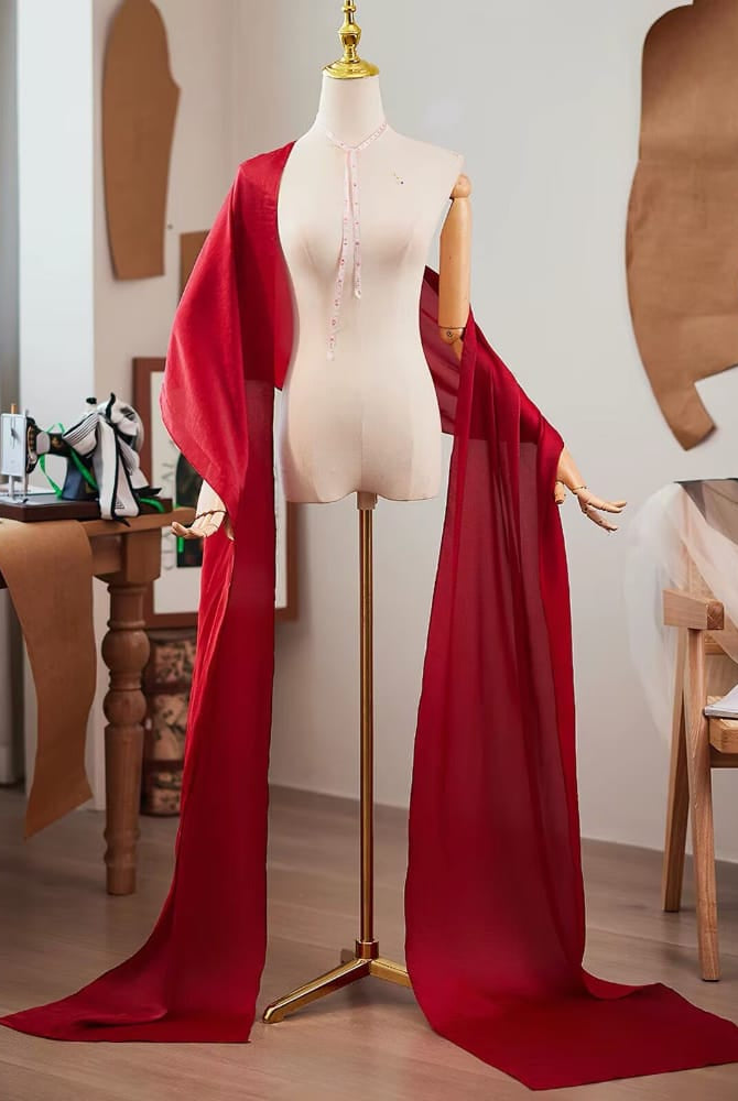 Beth and Brian qipao-DTY Ruby Red Sheer‑Tulle Floor Length Qipao Shawl