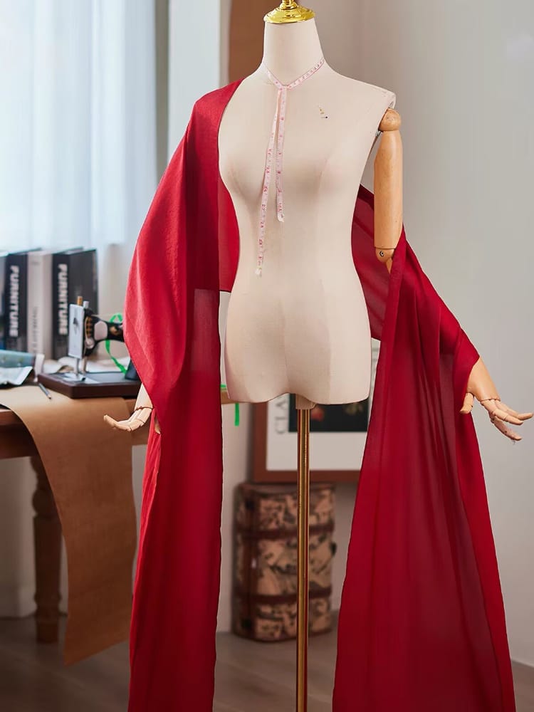 Beth and Brian qipao-DTY Ruby Red Sheer‑Tulle Floor Length Qipao Shawl
