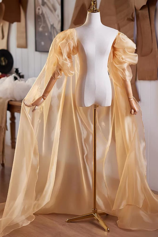 Beth and Brian qipao-DTY Champagne Organza Bridal Qipao Cape Shawl With Puff Sleeves