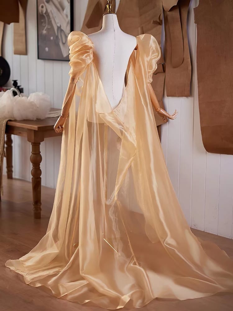 Beth and Brian qipao-DTY Champagne Organza Bridal Qipao Cape Shawl With Puff Sleeves