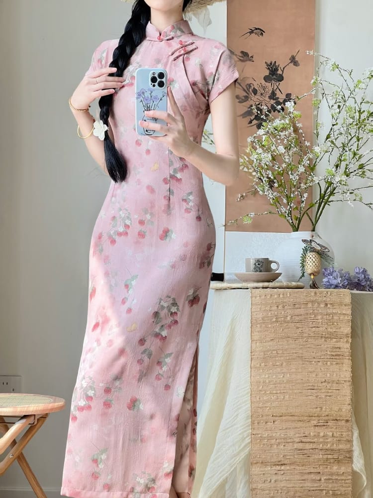 Beth and Brian Qipao-LSB Lila Strawberry Print Pink Midi Cheongsam