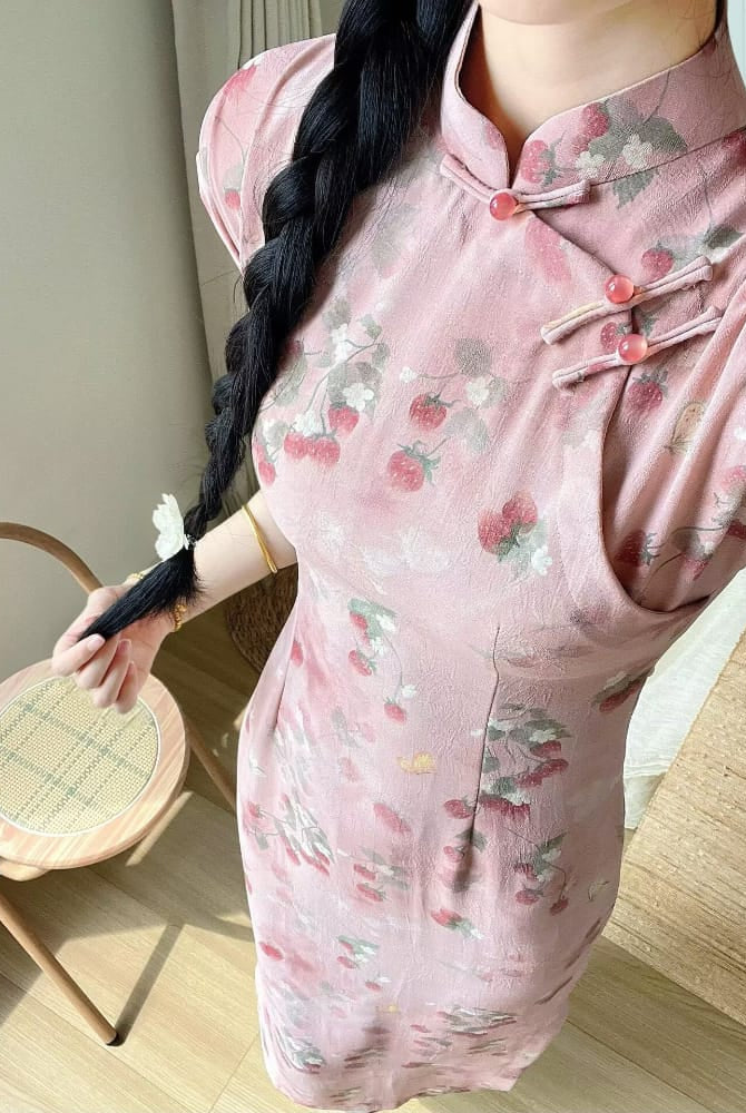 Beth and Brian Qipao-LSB Lila Strawberry Print Pink Midi Cheongsam