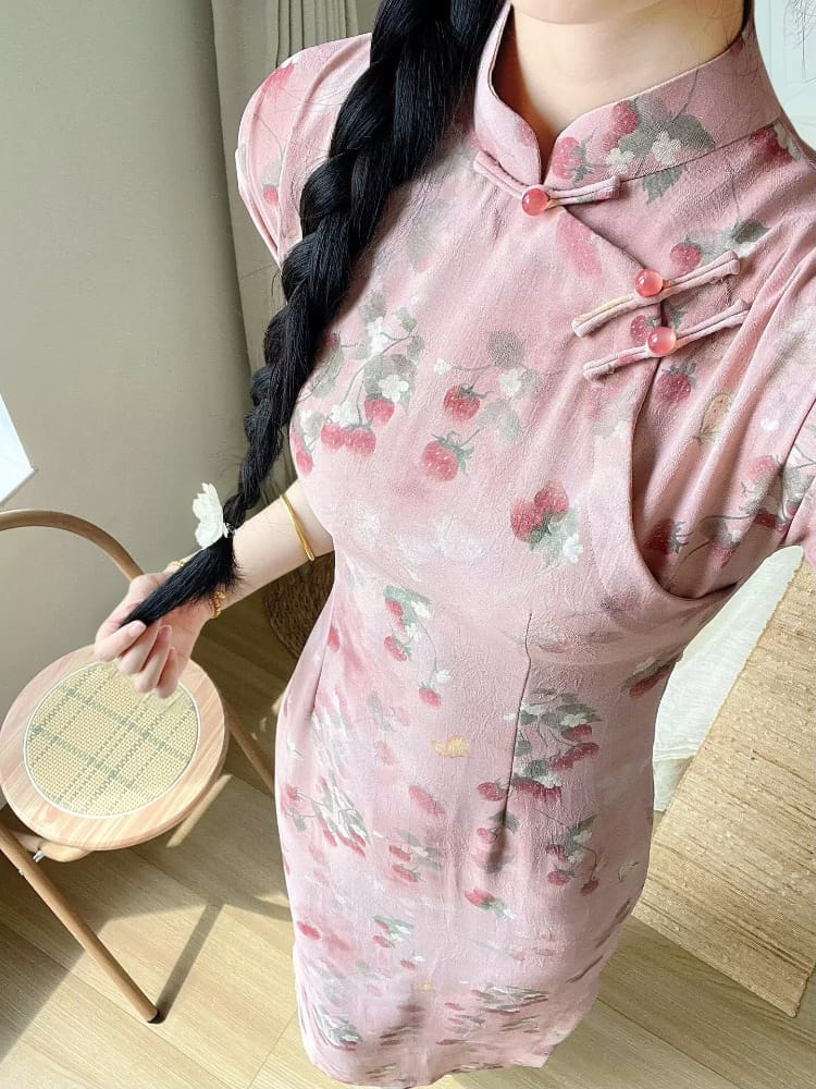 Beth and Brian Qipao-LSB Lila Strawberry Print Pink Midi Cheongsam