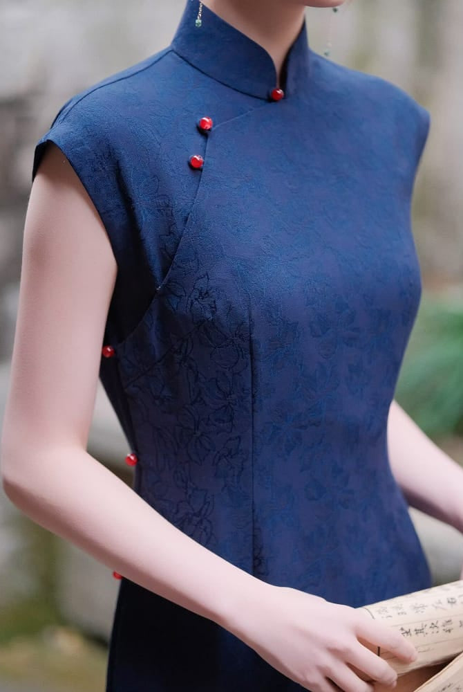 Beth and Brian Qipao-XLY Wren Navy Blue Rayon Long Cheongsam