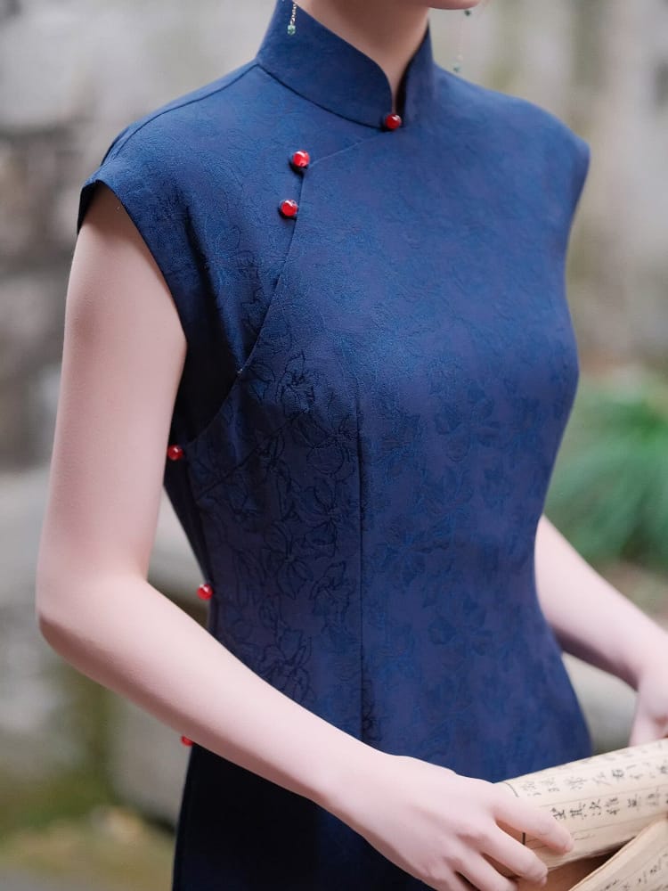 Beth and Brian Qipao-XLY Wren Navy Blue Rayon Long Cheongsam