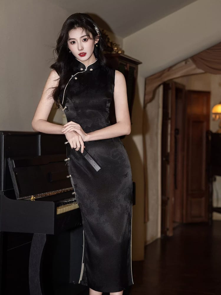 Beth and Brian Qipao-LSB Iris Black Jacquard Satin Long Cheongsam