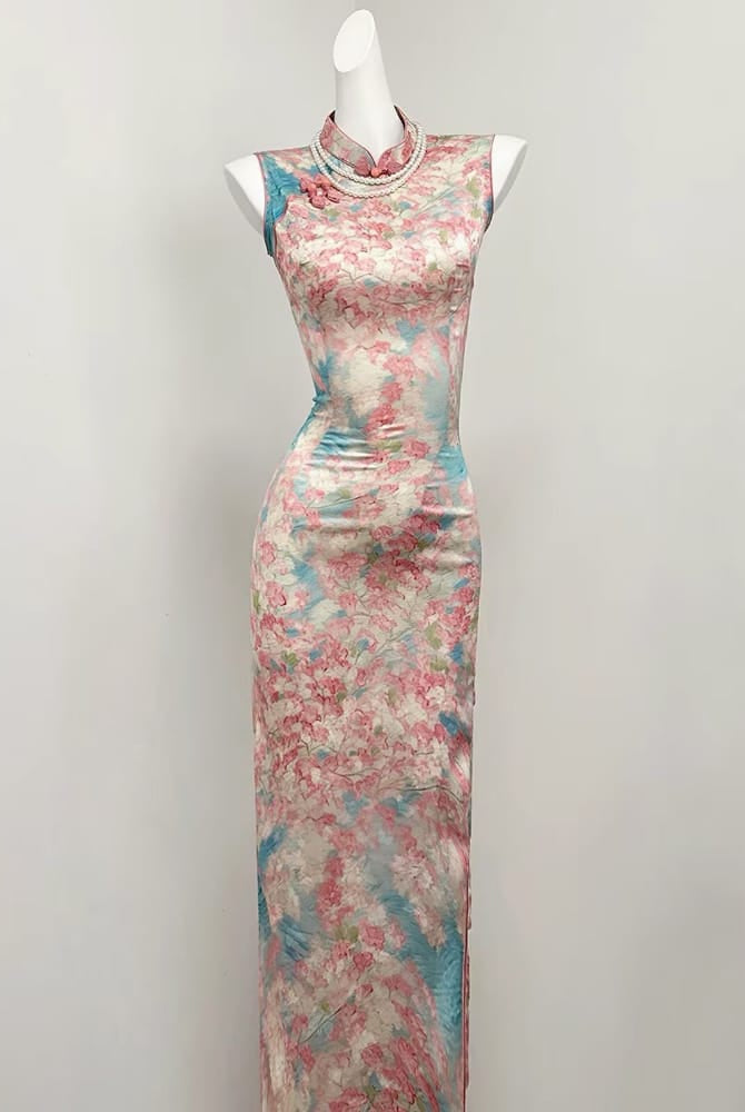 Beth and Brian Qipao-SGN Lily Floral Satin Long Qipao with Lace Tassel Cloud Shoulder Shawl