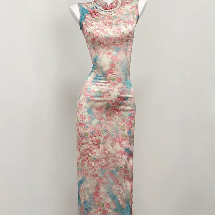 Beth and Brian Qipao-SGN Lily Floral Satin Long Qipao with Lace Tassel Cloud Shoulder Shawl