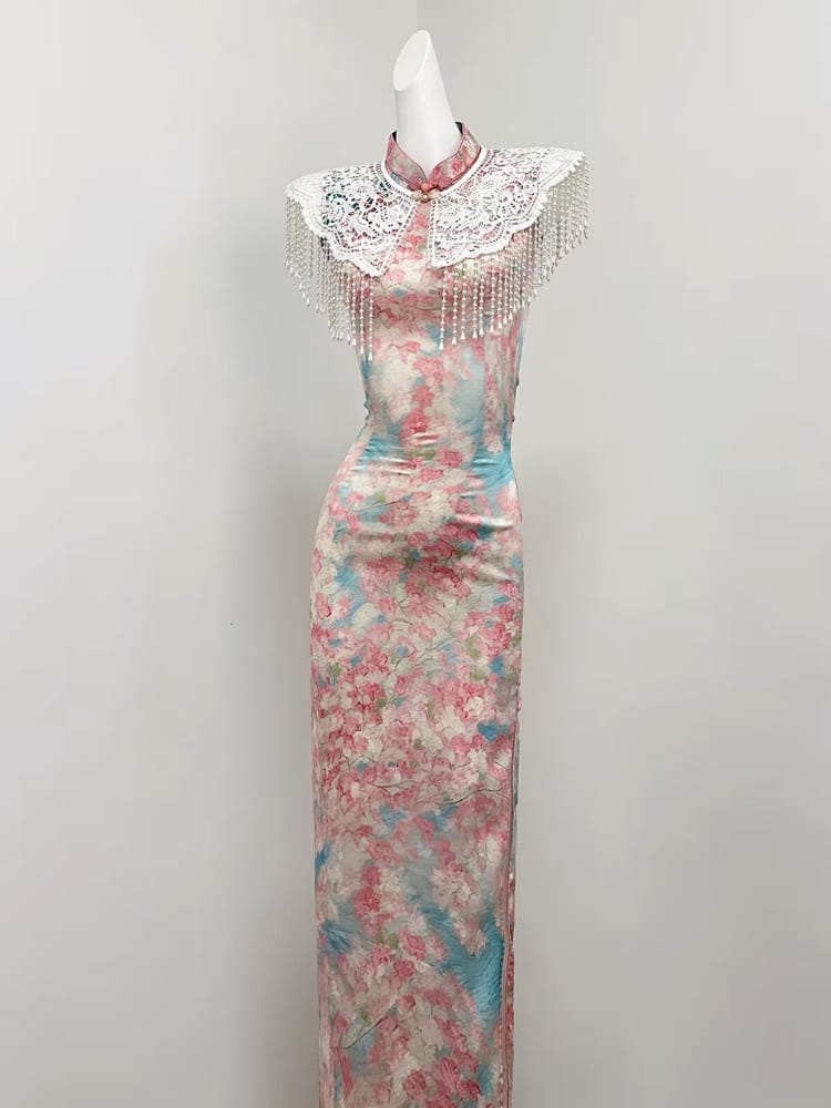 Beth and Brian Qipao-SGN Lily Floral Satin Long Qipao with Lace Tassel Cloud Shoulder Shawl