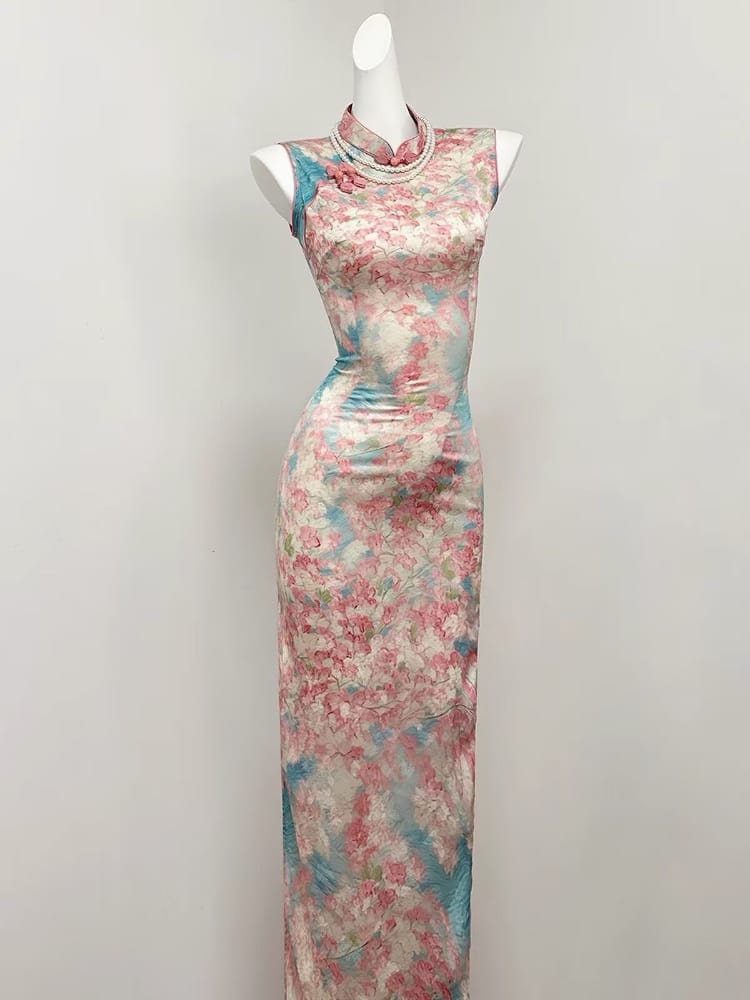 Beth and Brian Qipao-SGN Lily Floral Satin Long Qipao with Lace Tassel Cloud Shoulder Shawl