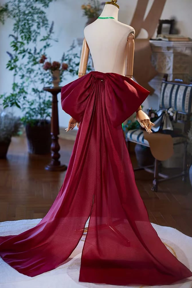 Beth and Brian qipao-DTY Burgundy Satin Giant Bow Bridal Qipao Back Train Sash