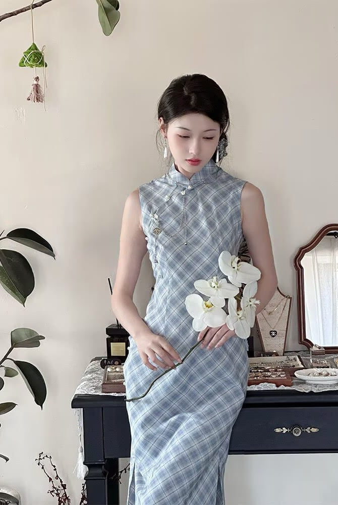 Beth and Brian Qipao-LSB Wren Light Blue Plaid Sleeveless TR Cotton Midi Cheongsam