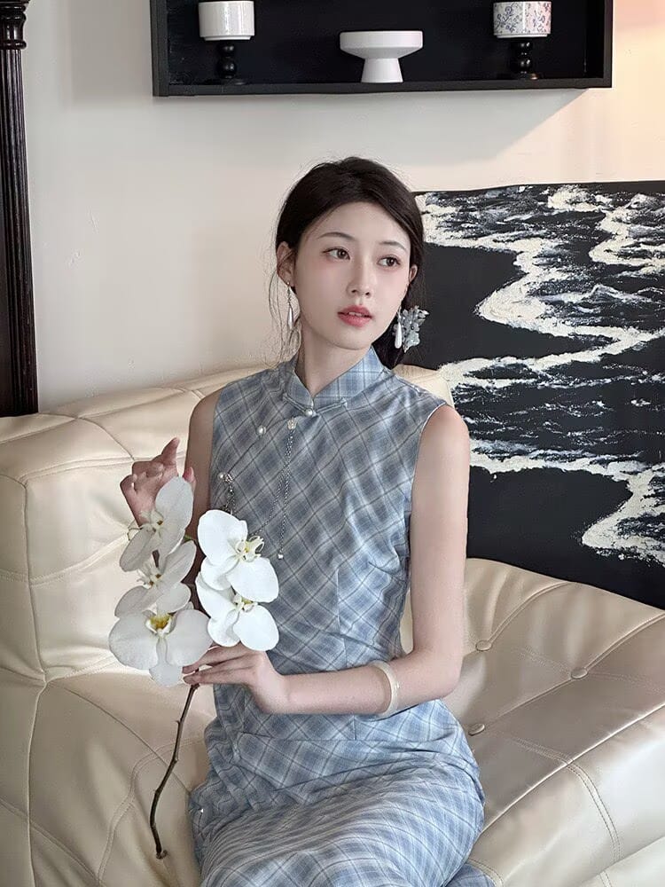 Beth and Brian Qipao-LSB Wren Light Blue Plaid Sleeveless TR Cotton Midi Cheongsam