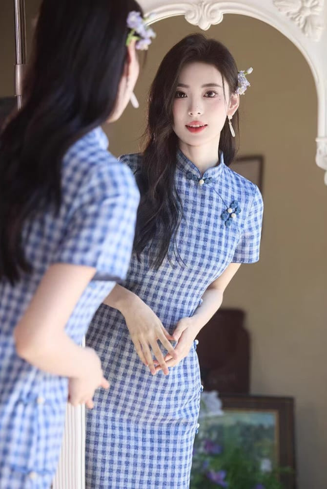 Beth and Brian Qipao-TMX Iris Vintage Blue Gingham Silk Linen Midi Qipao