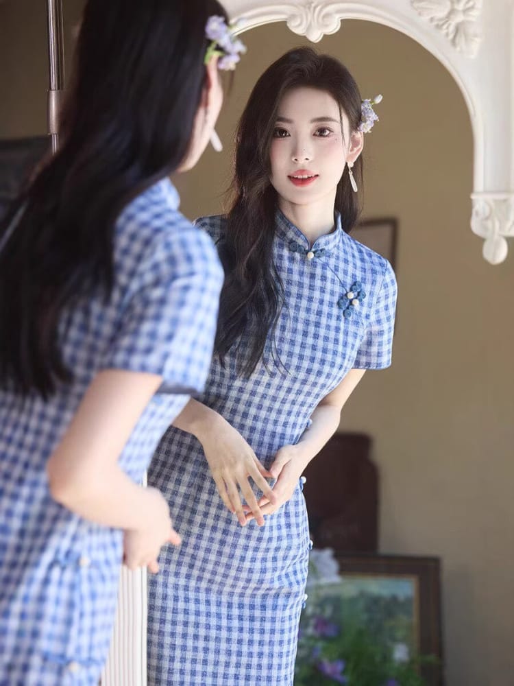 Beth and Brian Qipao-TMX Iris Vintage Blue Gingham Silk Linen Midi Qipao