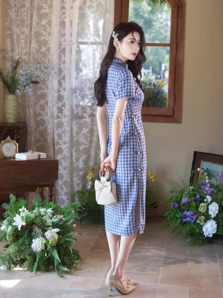 Beth and Brian Qipao-TMX Iris Vintage Blue Gingham Silk Linen Midi Qipao