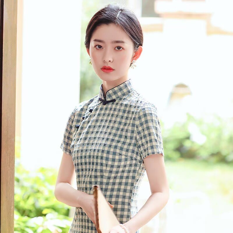 Beth and Brian Qipao-XD Summer Collection, Plaid Cotton Midi Cheongsam