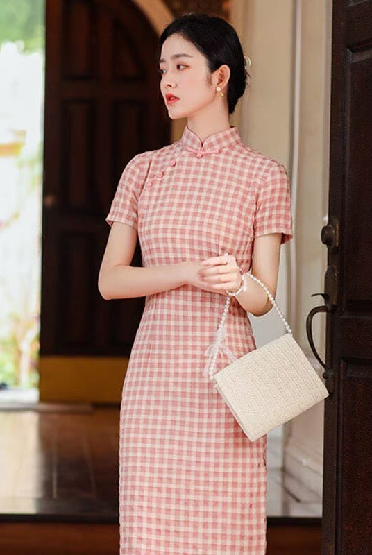 Beth and Brian Qipao-XD Summer Collection, Plaid Cotton Midi Cheongsam