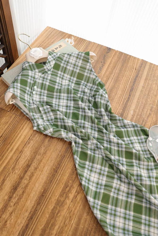 Beth and Brian Qipao-SY Lily Retro Green Plaid Midi Cheongsam