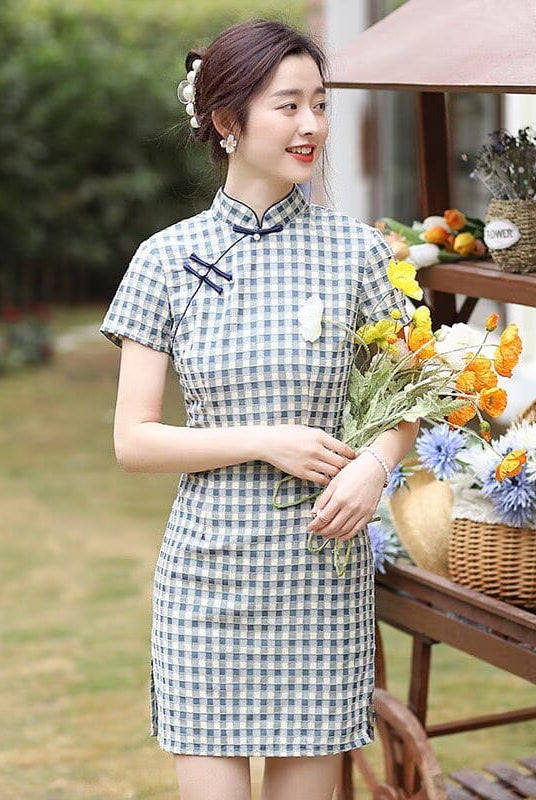 Beth and Brian Qipao-XD Chloe Vintage Plaid Cotton Blend Short Qipao Dress