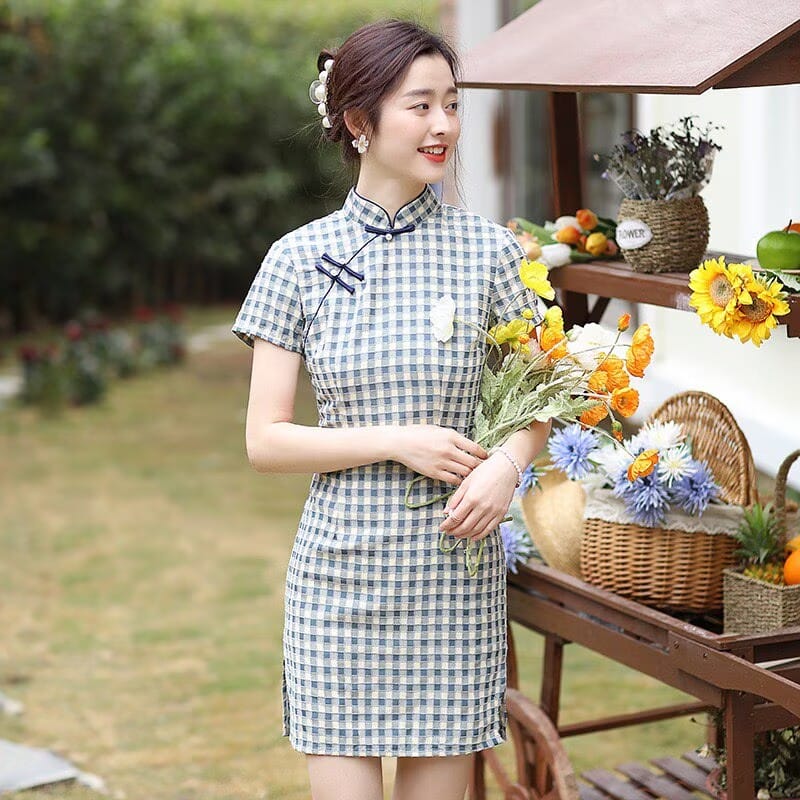 Beth and Brian Qipao-XD Chloe Vintage Plaid Cotton Blend Short Qipao Dress