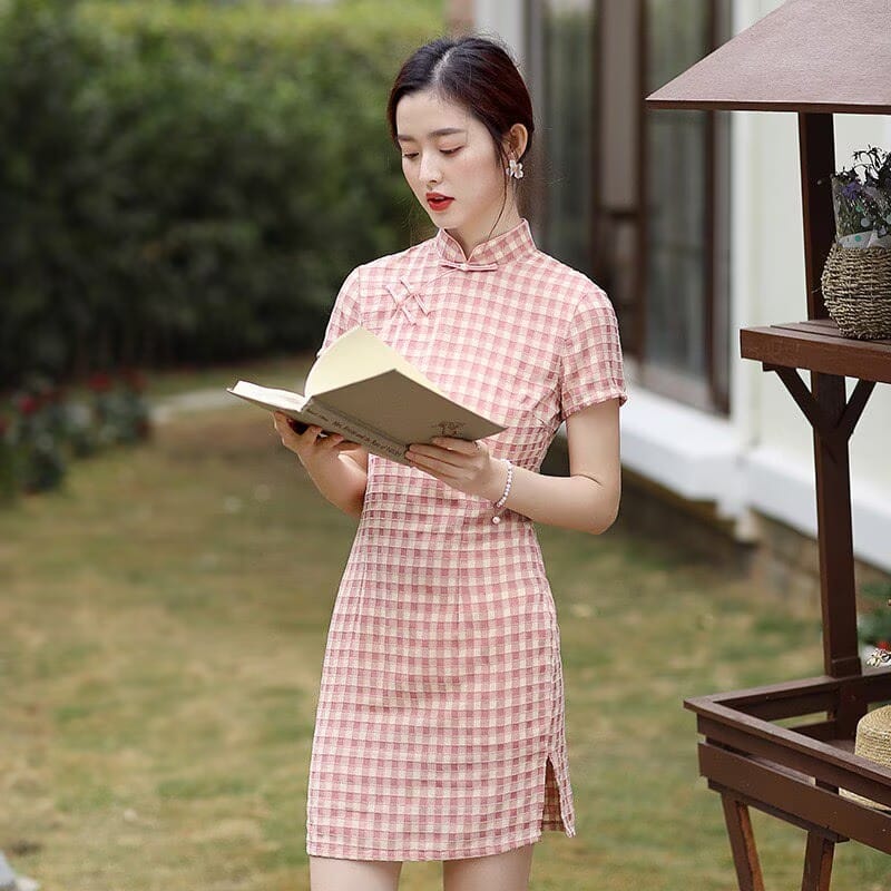 Beth and Brian Qipao-XD Chloe Vintage Plaid Cotton Blend Short Qipao Dress