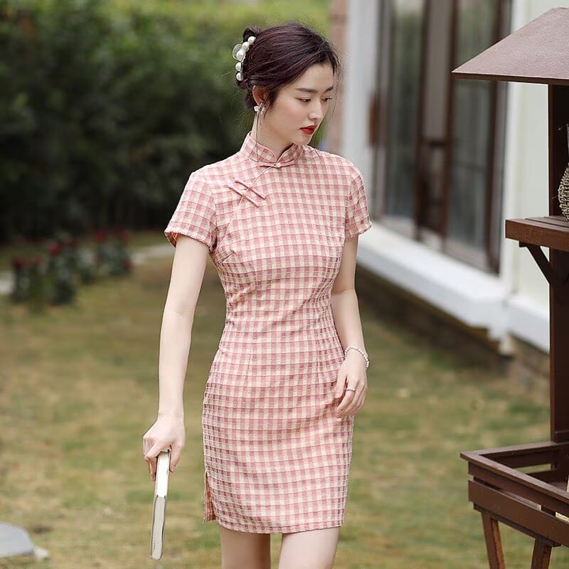 Beth and Brian Qipao-XD Chloe Vintage Plaid Cotton Blend Short Qipao Dress