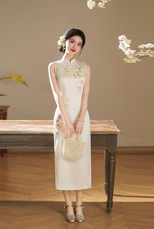 Beth and Brian qipao-QJ Elowen Floral Embroidery Imitation Acetate Satin Long Cheongsam