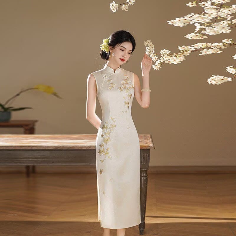 Beth and Brian qipao-QJ Elowen Floral Embroidery Imitation Acetate Satin Long Cheongsam