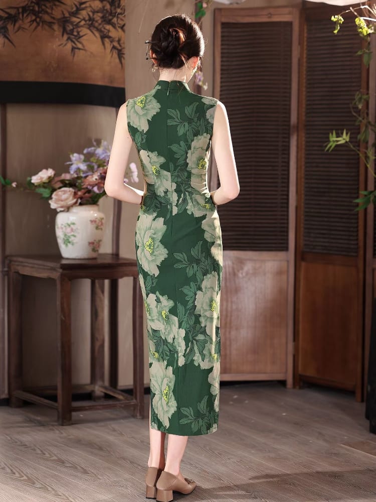 Beth and Brian Qipao-LSB Sadie Vintage Dark Green Peony Long Cheongsam