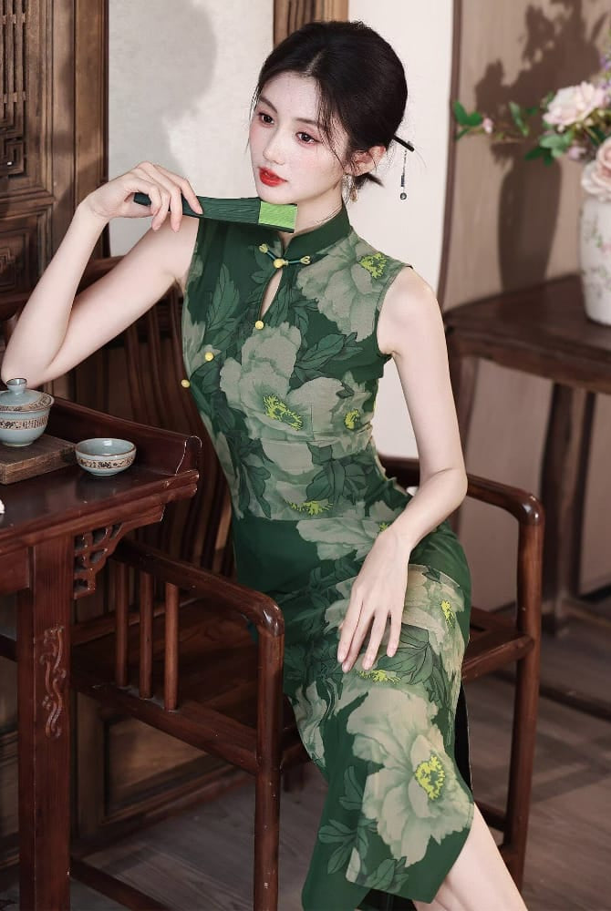Beth and Brian Qipao-LSB Sadie Vintage Dark Green Peony Long Cheongsam