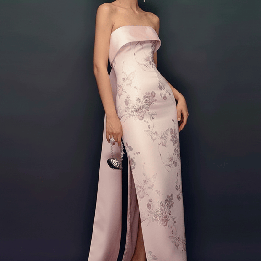 Beth and Brian Qipao-QHM 新中式 Tube Top Long Cheongsam | Modern Chinese Style Satin Qipao