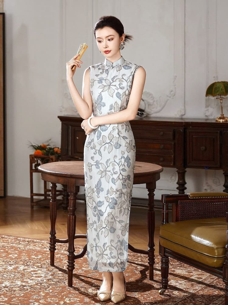 Beth and Brian Qipao-XLY Mia Sleeveless Grey-Floral Tencel‑Linen Maxi Qipao Dress