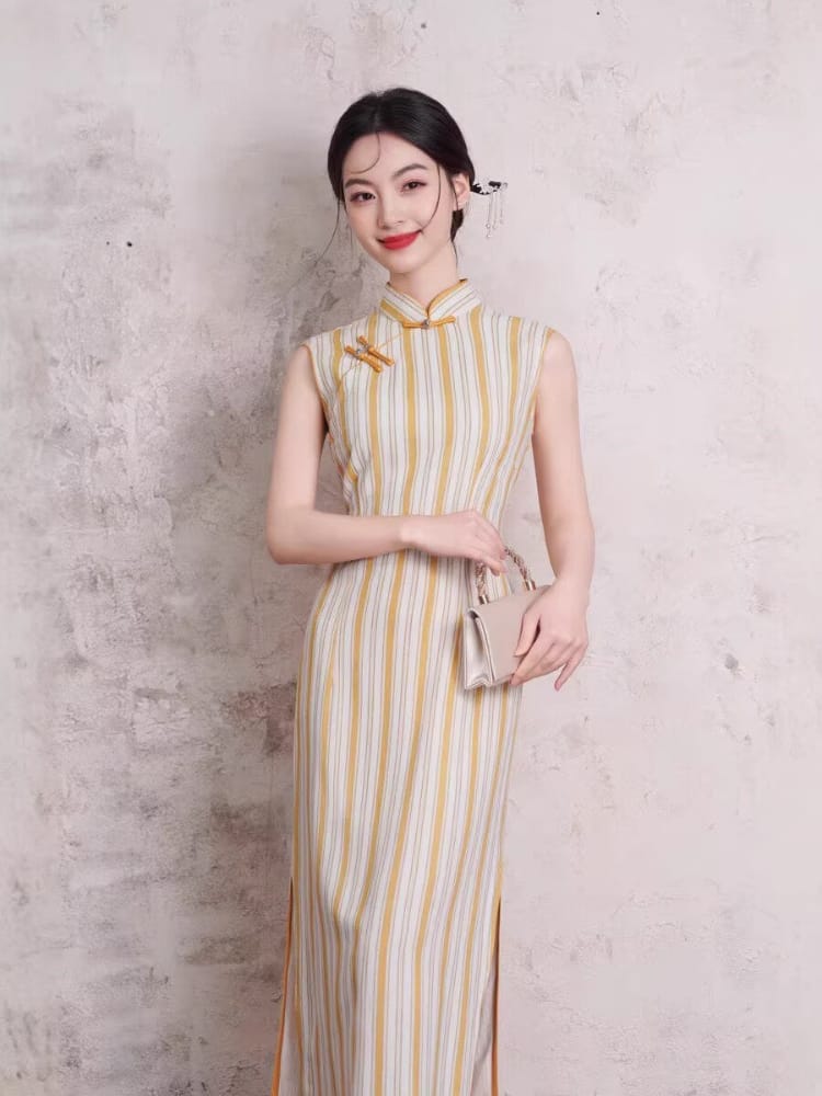 Beth and Brian Qipao-XL Chloe Sleeveless Vertical‑Stripe Cotton Midi Cheongsam