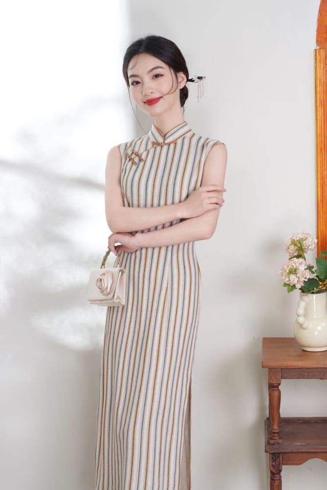 Beth and Brian Qipao-XL Chloe Sleeveless Vertical‑Stripe Cotton Midi Cheongsam
