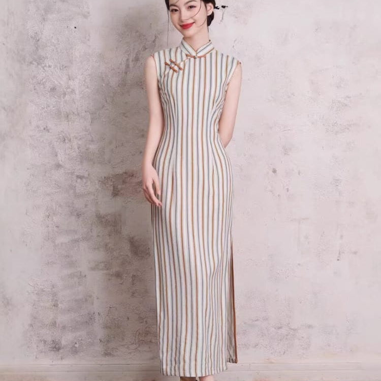 Beth and Brian Qipao-XL Chloe Sleeveless Vertical‑Stripe Cotton Midi Cheongsam