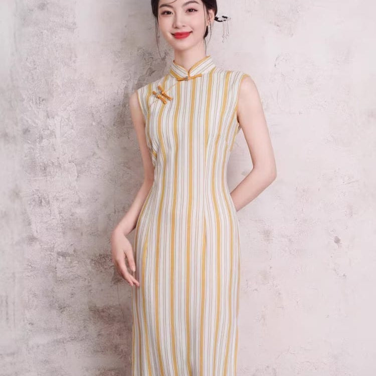 Beth and Brian Qipao-XL Chloe Sleeveless Vertical‑Stripe Cotton Midi Cheongsam