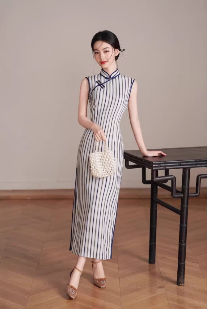Beth and Brian Qipao-XL Chloe Sleeveless Vertical‑Stripe Cotton Midi Cheongsam