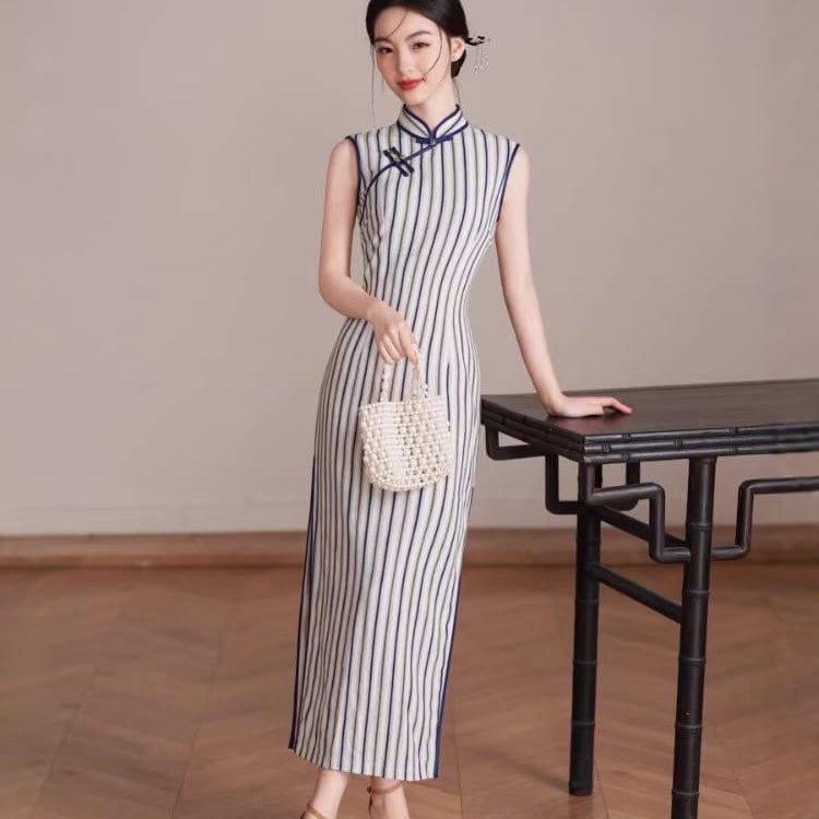 Beth and Brian Qipao-XL Chloe Sleeveless Vertical‑Stripe Cotton Midi Cheongsam
