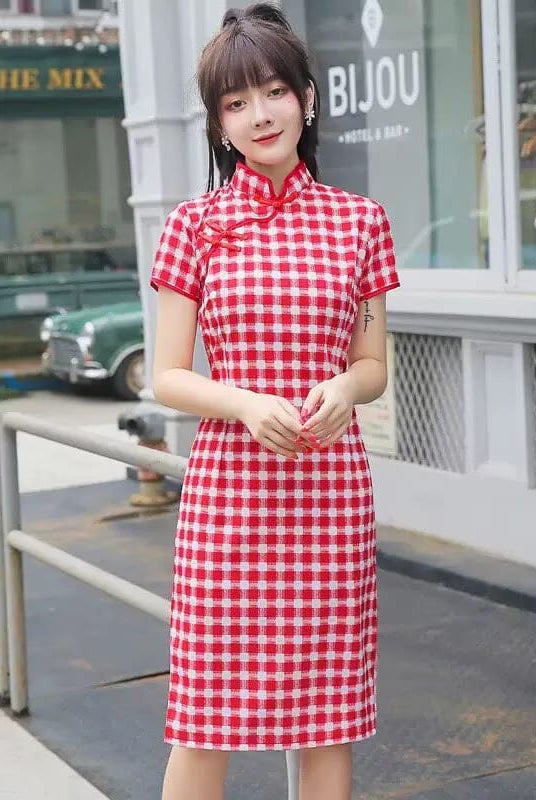 Beth and Brian qipao-HSJ Emily Plaid Cotton Midi Cheongsam