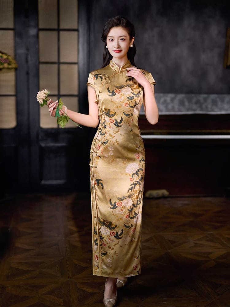 Beth and Brian Qipao-XLY Sadie Golden Peony Print, 19 Mome Mulberry Silk High end Long Cheongsam